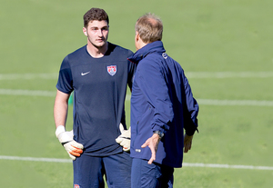 Alex Bono, seen here talking with U.S. national team head coach Jurgen Klinsmann, has seen his profile rise drastically over the past couple weeks. He turned pro, got called up to Team USA and was selected by Toronto FC with the sixth pick in the MLS Draft.