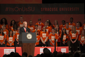 Joe Biden encouraged audience members on Thursday to stand up in the fight against sexual assault and relationship violence. Biden spoke for about a half hour in Goldstein Auditorium on Thursday.
