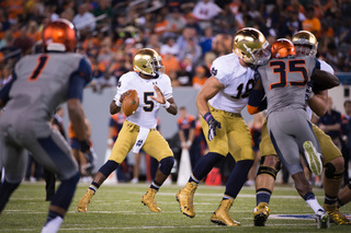 Notre Dame quarterback Everett Golson steps up in the pocket. 