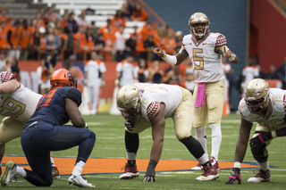 Winston calls a play while Florida State plays Syracuse at the Carrier Dome. 