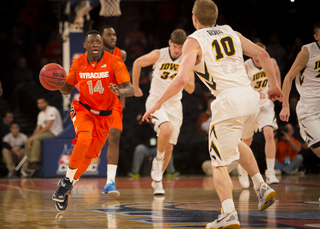 Freshman point guard Kaleb Joseph charges down court in the first half. 