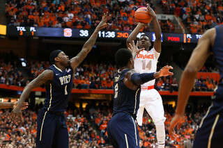 Joseph goes for a shot over Pittsburgh's defense. The freshman point guard had no points on 0-of-5 shooting.