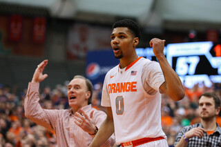 Gbinije reacts to a call by the referee late in the second half.