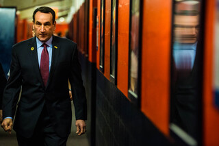 Duke head coach Mike Krzyzewski walks out of the Blue Devils locker room moments before the start of the game.