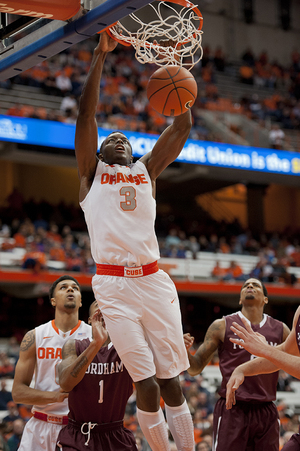 Jerami Grant slams home a two-handed dunk in Syracuse's 89-74 win against Fordham on Tuesday. The forward starred in his return from a one-game suspension.
