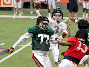 Mitch Kimble, a rising sophomore quarterback for the Orange, prepares for the SU Spring Game at an open practice on April 8.  