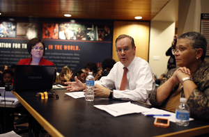 Chancellor Kent Syverud talks to protesters during a meeting last Wednesday. Ten days after the sit-in started, Syverud says it's time to move forward.