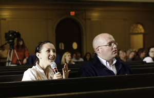 Carrie Abbott, Director of First-Year and Transfer Programs at SU, talks in Hendricks Chapel last October as the Campus Master Plan survey results were revealed.