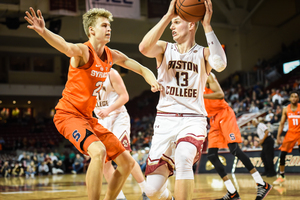 BC's Luka Kraljevic got tripled in the corner at one point, but turned and found an open shooter.