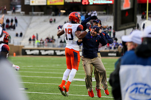 Andre Cisco celebrates his seventh interception of the season, which came on Saturday against Boston College.