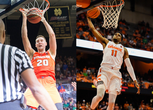 Tyler Lydon and Oshae Brissett both dunking in game.