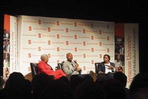 Candice Carnage (left), Kevin Richardson and Paula Johnson took part in a Monday night panel about justice in the United States.