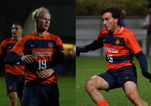 Syracuse’s Daniel Diaz-Bonilla (right) and Buster Sjoberg (left) earned spots on the ACC All-Tournament Team. Diaz-Bonilla tallied four goal contributions in the tournament, while Sjoberg led a strong SU backline.