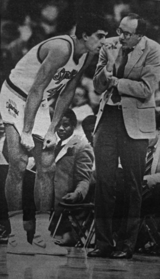 Boeheim gives instructions to Rony Seikaly on the sideline in 1987. Seikaly was the second-leading scorer on SU's 1986-87 team that finished national runner-up. It is one of three championship games Boeheim has coached in.