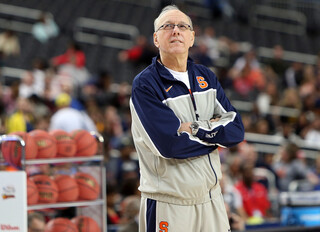 Head coach Jim Boeheim of the Syracuse Orange looks on during practice at the Final Four 2013 NCAA Men's Basketball Tournament.