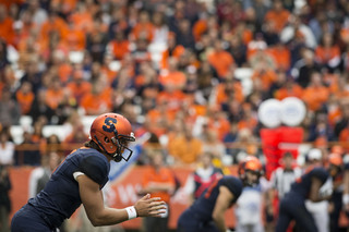 Wilson waits for a snap before leaving the game with an injury. After he left, AJ Long permanently took over the offense. 