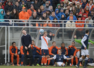 SU head coach Ian McIntyre reacts as midfielder Liam Callahan prepares to throw the ball in.