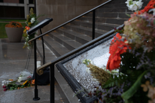 Oct. 17: Two memorial plaques honoring Trevor Pierce and Jack Lundin, two SU students who died during the semester, stand in front of Hendricks Chapel. During the fall semester, the SU community mourned the loss of Pierce and Lundin as well as Professor Sherri Taylor and graduate student and staff member Bridget Lawson.